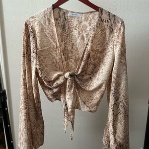 L'ATISTE Beige Snake Print Tie-Front Blouse